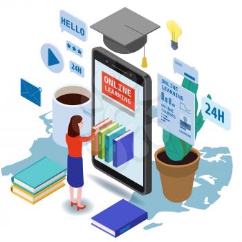 Online education isometric landing icons composition with little women taking books from smartphone