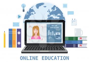 Online education webinar icons composition with teacher coach