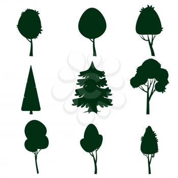 Set of trees, silhouette, cartoon style isolated vector