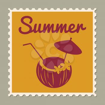 Postage stamp summer vacation Coconut cocktail. Retro vintage design