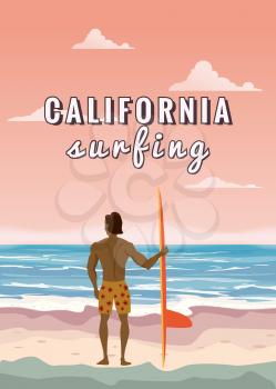 Surfer standing with surfboard on the tropical beach back view. California surfing palms ocean theme