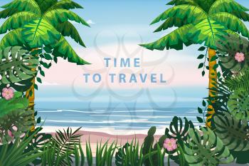Time To Travel Summer Vacation Poster. Seascape beach palms seachore tropical ocean, vector, illustration