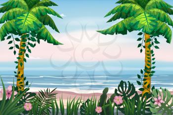 Summer Vacation Poster. Seascape beach palms seachore tropical ocean, vector, illustration