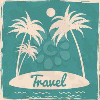 Summer tropical seaside beach island palms ocean. Textured grunge effect retro maritime vacation card