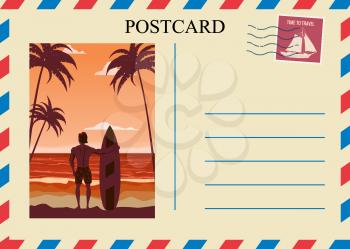 Postacrd summer vintage surfer beach ocean. Vacation travel design card with postage stamp