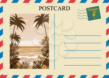 Postacrd summer vintage beach palms ocean. Vacation travel design card with postage stamp