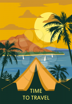 Time to travel. Tourist tent camping on the tropical beach, palms. Summer vacation coastline beach sea, ocean, sunset, travel. Vector poster banner, illustration
