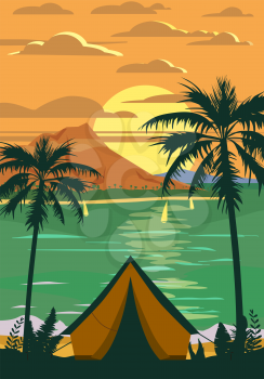 Tourist tent camping on the tropical beach, palms. Summer vacation coastline beach sea, ocean, sunset, travel. Vector poster banner, illustration, retro, vintage