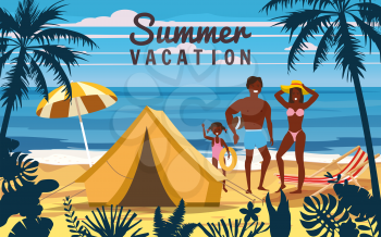 Tourist tent camping on the tropical beach, palms. Happy family, surfboards, Summer vacation, coastline beach sea, ocean, travel. Vector poster banner, illustration