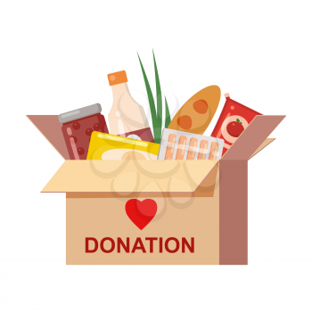 Box donation with food charity. Canned, bread, drinks. With text banner donate