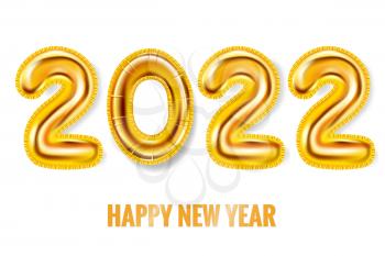 2022 Happy New Year Gold balloons. Gold foil numerals, poster, banner. Vector realistic 3D illustration isolated