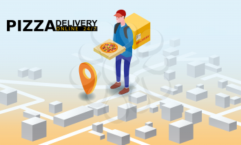 Isometry Pizza delivery courier man with package fast food pizza