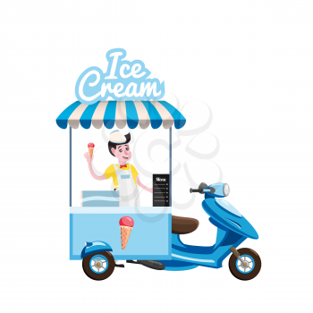 Ice cream seller man with ice cream cold dessert food scooter moped cart