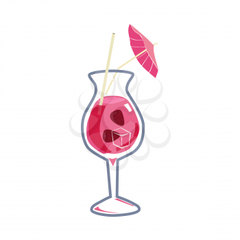 Cocktail alcohol drinks with strawberry and decoration umbrella icon. Summer beverage, vector illustration cartoon style