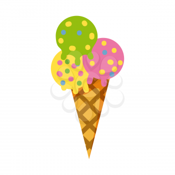 Ice cream cone waffle different color balls. Vector illustration isolated cartoon flat style