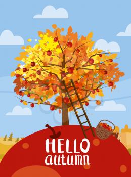 Autumn Harvest Fest. Apple tree with basket of apples, ladder, rural landscape. Hello Autumn, harvest, ripe fruits on tree, countriyside fall. Vector illustration cartoon style poster isolated