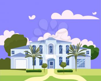 Residential Home Building in landscape tropic trees, palms. House exterior facades front view architecture family modern villa, cottage house or mansion apartments, villa. Suburban property, vector illustration cartoon flat style