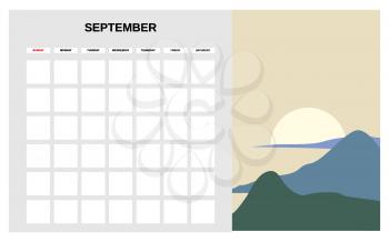 Calendar Planner September autumn month. Minimal abstract contemporary landscape natural background. Monthly template for diary business. Vector isolated illustration