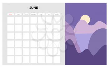 Calendar Planner June summer month. Minimal abstract contemporary landscape natural background . Monthly template for diary business. Vector isolated illustration