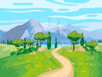 Landscape scenery view, road to mountaines, green meadow, flowers, trees. Rural nature, travel through countryside. Vector illustration background cartoon style