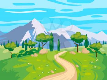 Landscape scenery view, road to snow mountaines, green meadow, flowers, trees. Rural nature, travel through countryside. Vector illustration background cartoon style