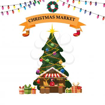 Christmas bakery products market stall with food. Big Christmas tree Xmas shop with garlands decorations