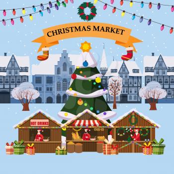 Christmas village, winter town, souvenirs market stall with decorations souvenirs and bakery