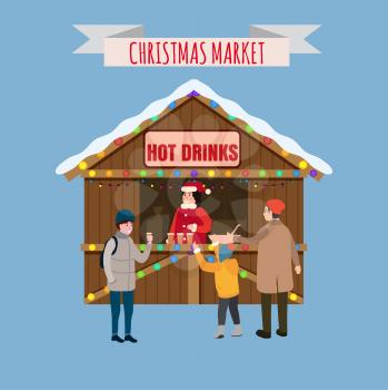 Christmas stall with with hot drinks shop with garlands decorations