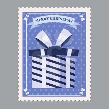 Merry Christmas retro postage stamp with gift box