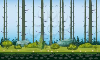 Forest landscape tree trunks horizontal seamless background for games apps, design. Nature woods, trees, bushes, flora, vector, cartoon style illustration