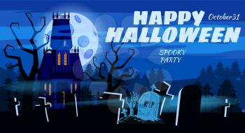 Happy Halloween Lonely scary abandoned mansion cemetery graves. Vector isolated cartoon style poster banner card