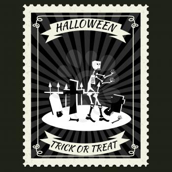 Happy Halloween Postage Stamps with skeleton cemetery