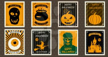 Happy Halloween Set Postage Stamps with scull, witch cauldron, witch on broomstick, eye