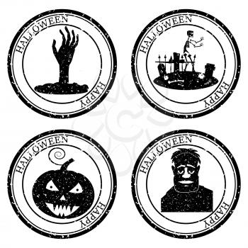 Set Halloween Stamp Postal. Hand Cemetery pumpkin Zombie Silhouette Seal. Passport Round Design. Vector Icon. Design Retro Travel.