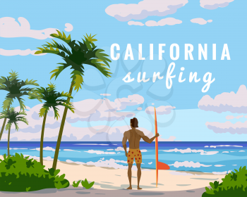 California surfing. Tropical beach summer resort, seashore sand, palms, waves. Ocean, sea exotical beach landscape, clouds, nature Vector illustration isolated