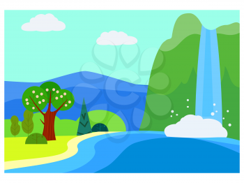 Summer spring lanscape, waterfall rural, field, mountaine, trees. Countryside scene river. Vector illustration minimal style isolated