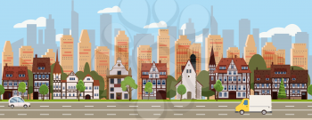 City landscape seamless horizontal illustration. Cityscape skyscrappers, historical, suburban houses, downtown. Vector cartoon style isolated