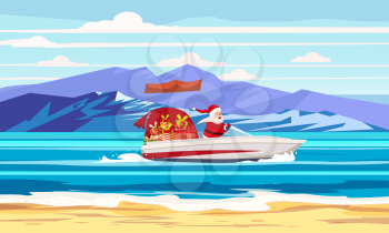 Merry Christmas Santa Claus on speed boat on ocean sea tropical island mountains seaside
