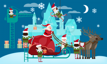 Santa Claus on a sleigh with deers and a huge bag of gifts. Elves helpers collect gifts