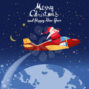 Santa Claus flying on speed retro airplane with presents vector