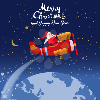 Santa Claus flying on airplane retro with presents vector