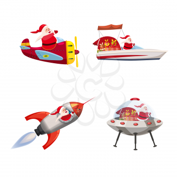 Set of Santa Claus of different types of transport vehicles boat, plane, rocket, UFO