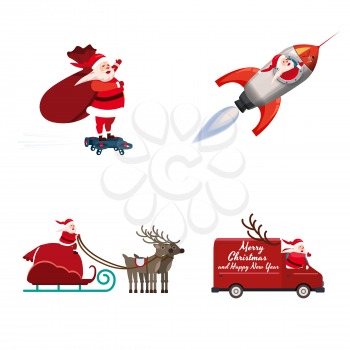 Set of Santa Claus of different types of transport vehicles truck, rocket, drone, sled