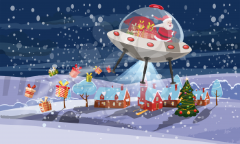 Merry Christmas Santa Claus flying in UFO spaceship flying saucer with gift boxes on little town winter night.