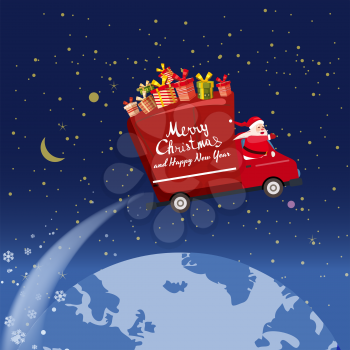 Merry Chrismas Santa Claus Van flies through the night sky above the Earth delivering gifts