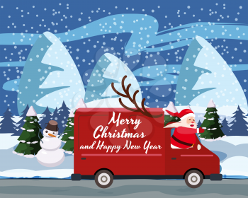 Merry Chrismas Santa Claus Van delivering gifts background winter landscape
