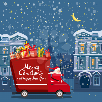 Merry Chrismas Santa Claus Van delivering gifts background night winter old city