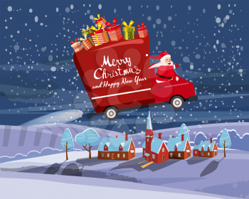 Merry Chrismas Santa Claus Van flies through the night sky above winter town delivering gifts