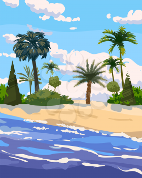 Beach tropical island, palms and plants. Coast exotic ocean sea, resort seaside summertime view. Vector illustration cartoon style