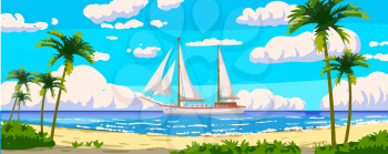 Tropical resort landscape panorama, sailboat. Sea shore sand, exotic palms, coastline, clouds, sky, summer vacation. Vector illustration cartoon style isolated